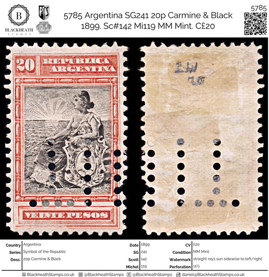 5785 Argentina SG241 20p Carmine & Black 1899. Sc#142 Mi119 MM Mint. C£20