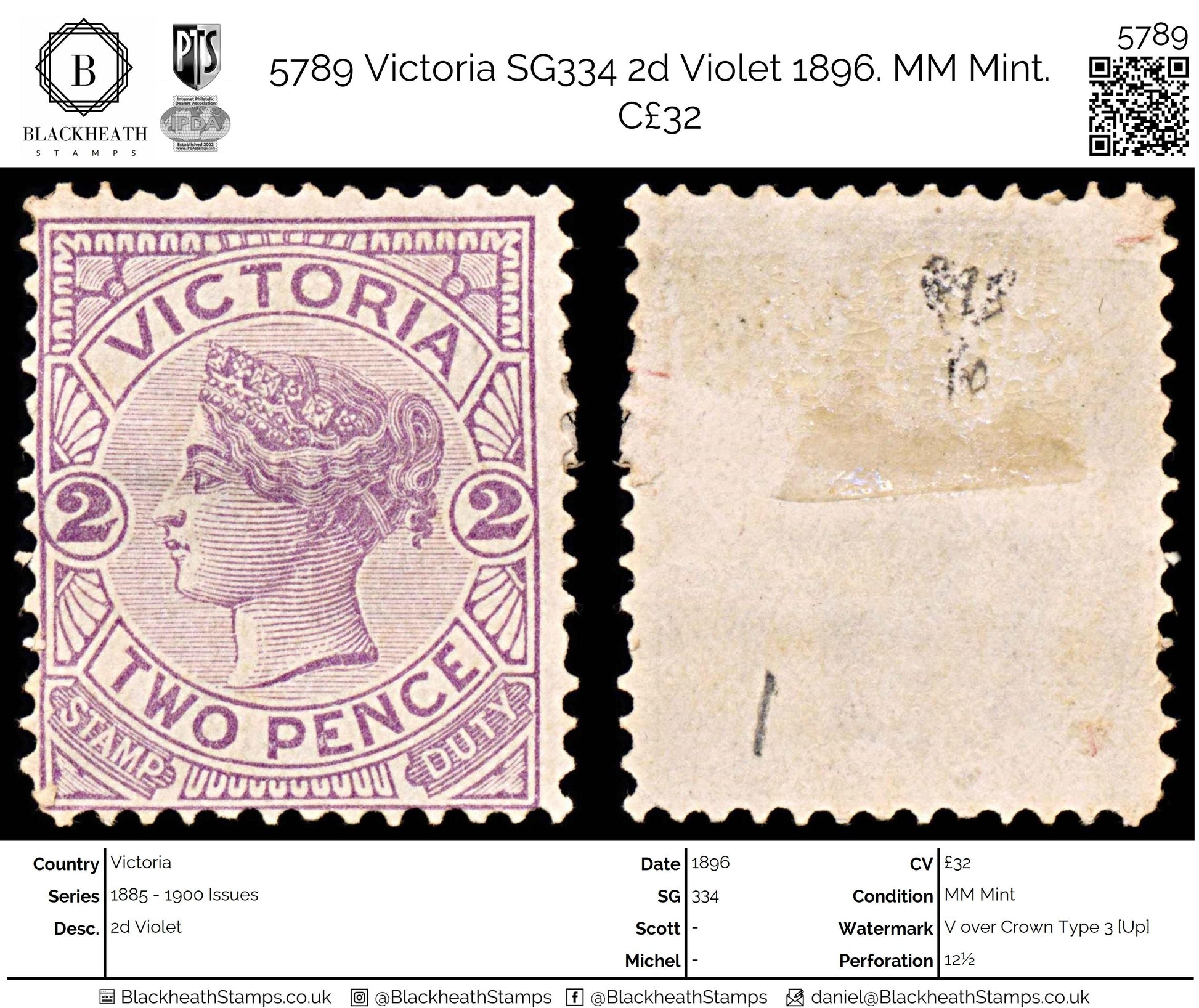 5789 Victoria SG334 2d Violet 1896. MM Mint. C£32