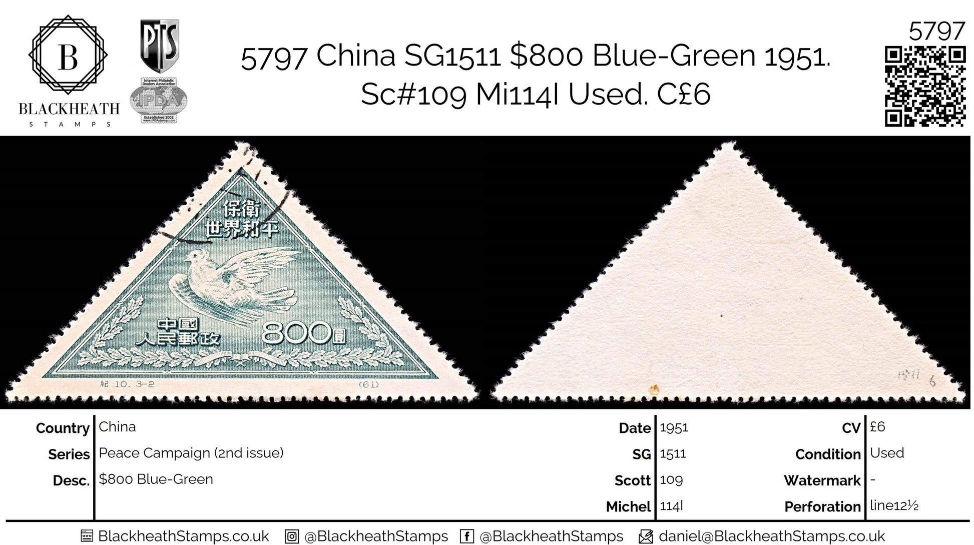 5797 China SG1511 $800 Blue-Green 1951. Sc#109 Mi114I Used. C£6