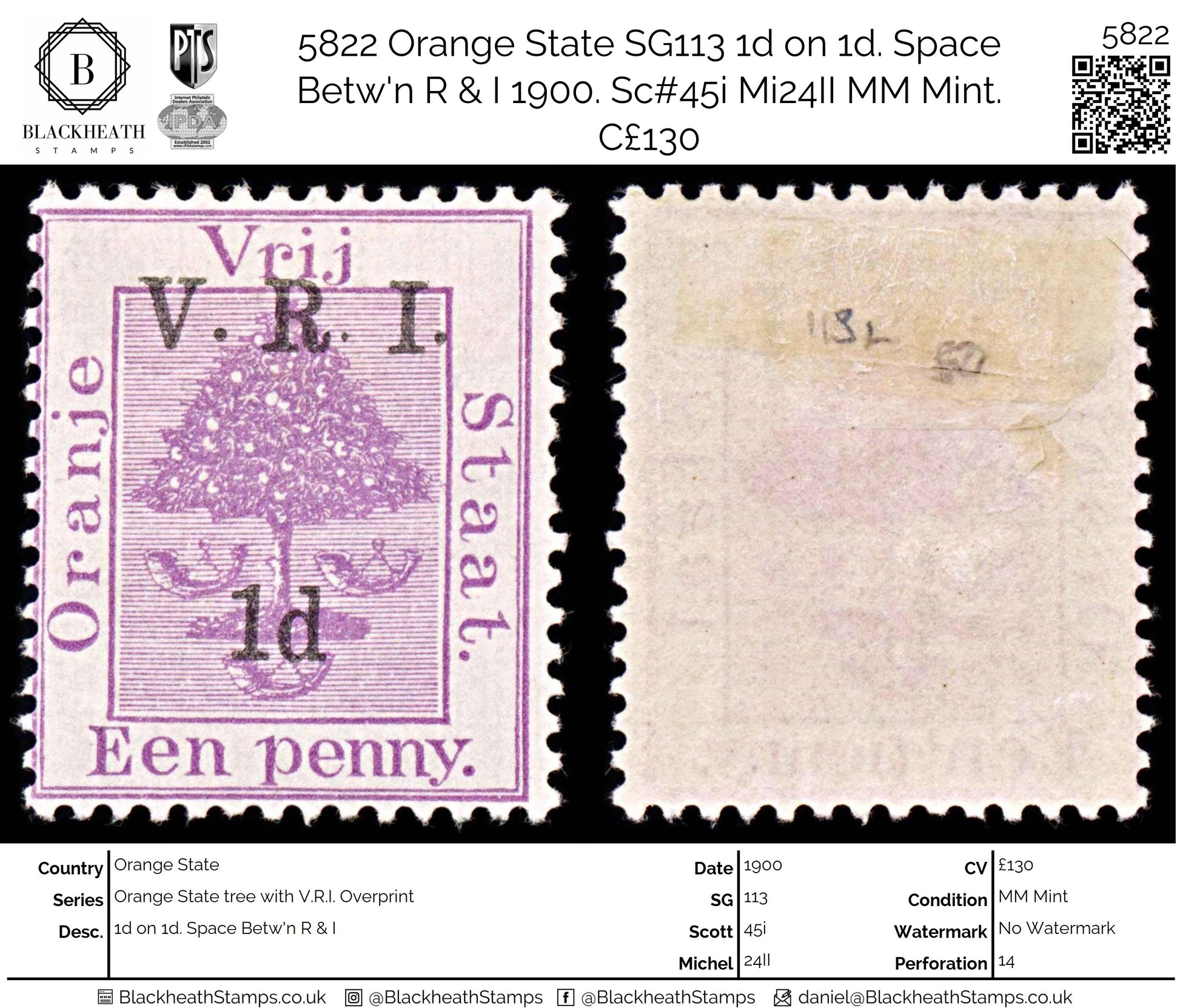 5822 Orange State SG113 1d on 1d. Space Betw'n R & I 1900. Sc#45i Mi24II MM Mint. C£130