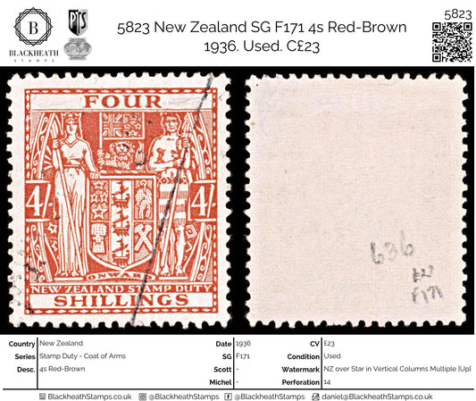 5823 New Zealand SG F171 4s Red-Brown 1936. Used. C£23