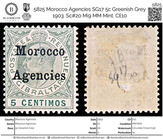 5825 Morocco Agencies SG17 5c Greenish Grey 1903. Sc#20 Mi9 MM Mint. C£10