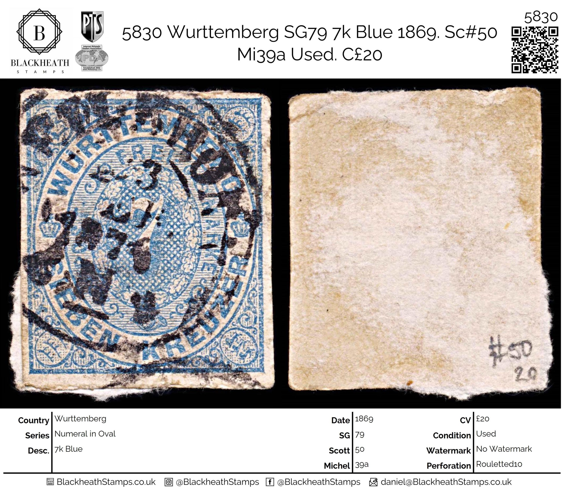 5830 Wurttemberg SG79 7k Blue 1869. Sc#50 Mi39a Used. C£20