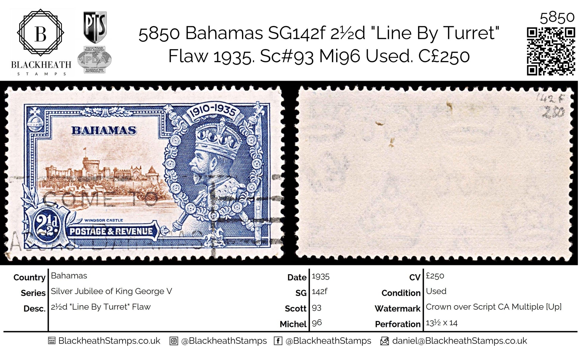 5850 Bahamas SG142f 2½d "Line By Turret" Flaw 1935. Sc#93 Mi96 Used. C£250