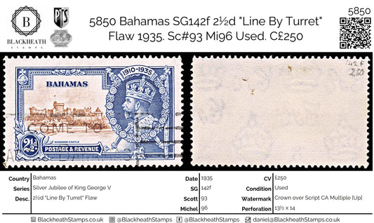 5850 Bahamas SG142f 2½d "Line By Turret" Flaw 1935. Sc#93 Mi96 Used. C£250