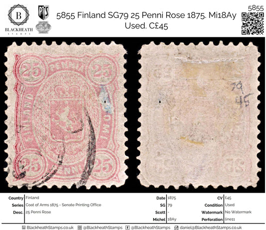 5855 Finland SG79 25 Penni Rose 1875. Mi18Ay Used. C£45