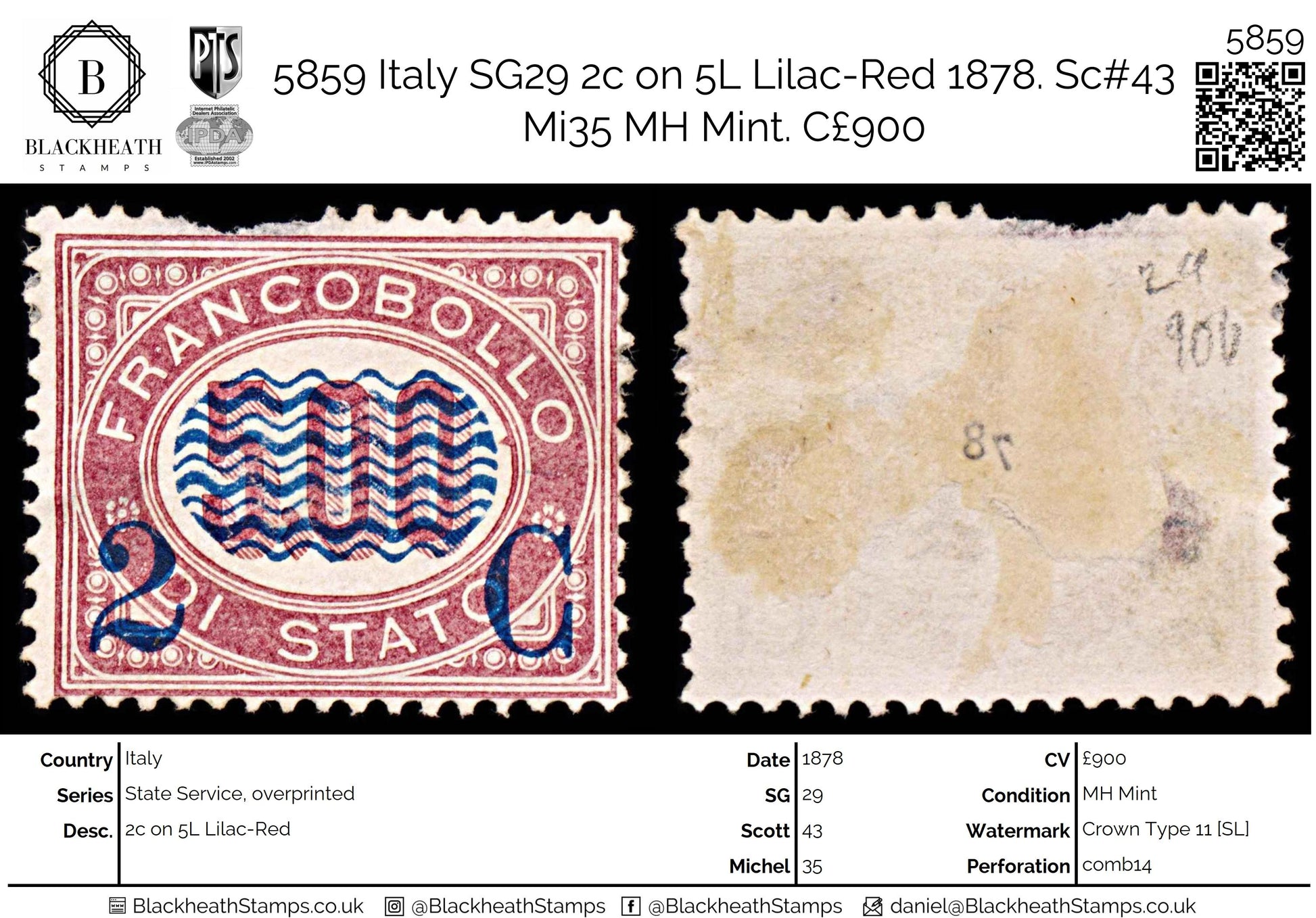 5859 Italy SG29 2c on 5L Lilac-Red 1878. Sc#43 Mi35 MH Mint. C£900