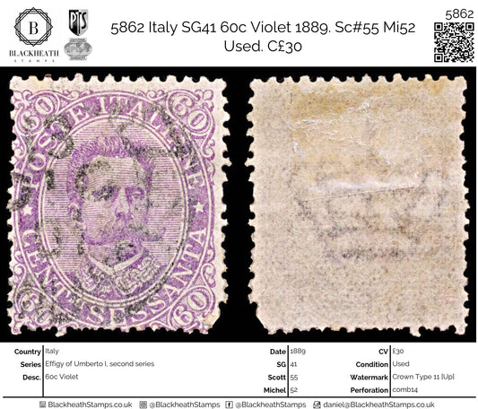 5862 Italy SG41 60c Violet 1889. Sc#55 Mi52 Used. C£30