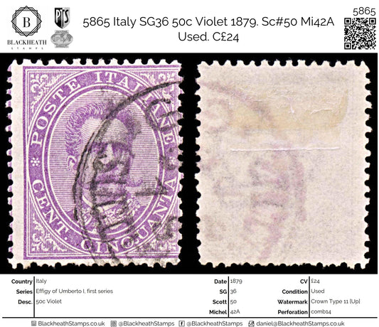 5865 Italy SG36 50c Violet 1879. Sc#50 Mi42A Used. C£24