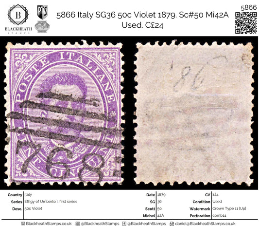 5866 Italy SG36 50c Violet 1879. Sc#50 Mi42A Used. C£24