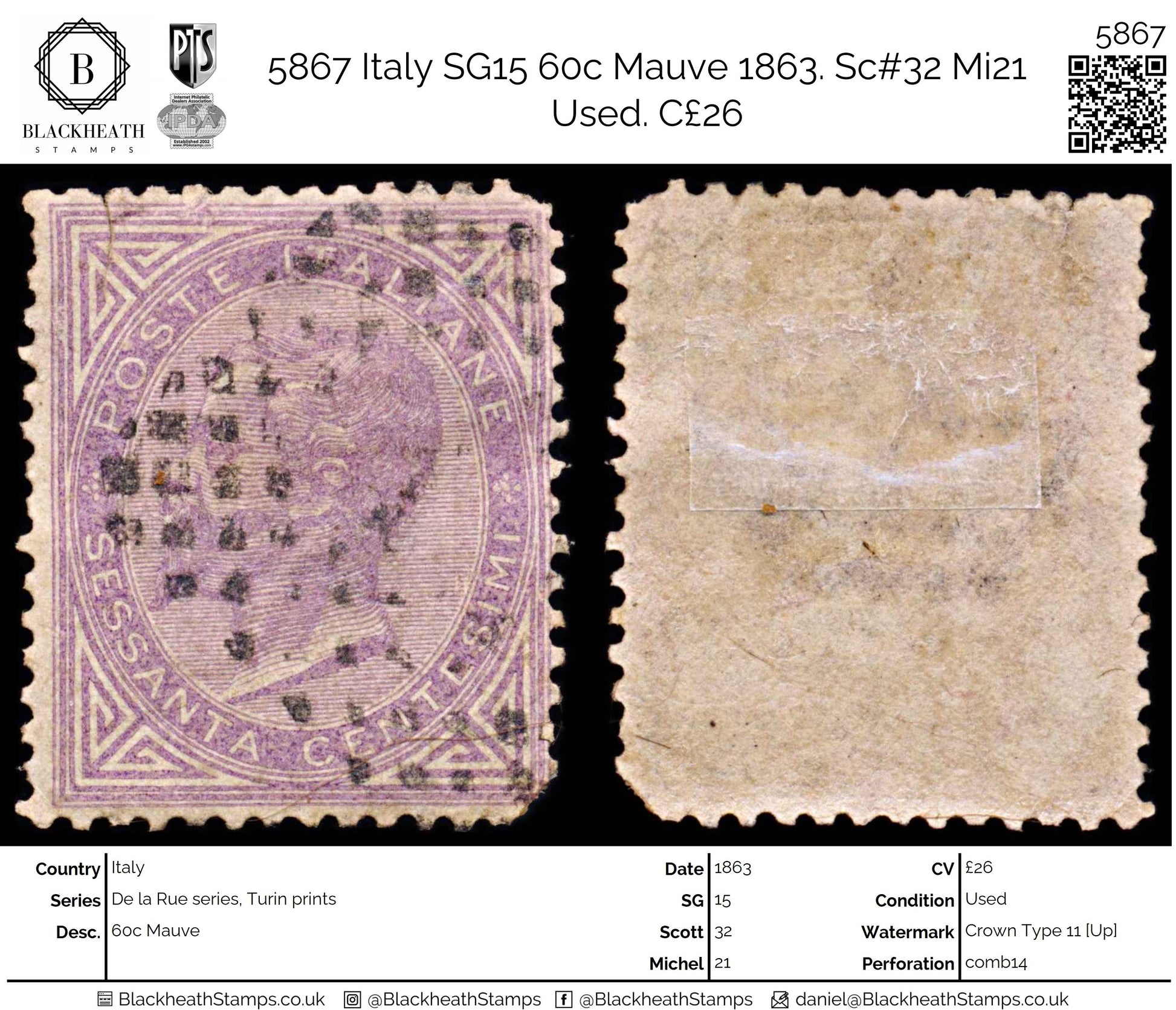 5867 Italy SG15 60c Mauve 1863. Sc#32 Mi21 Used. C£26