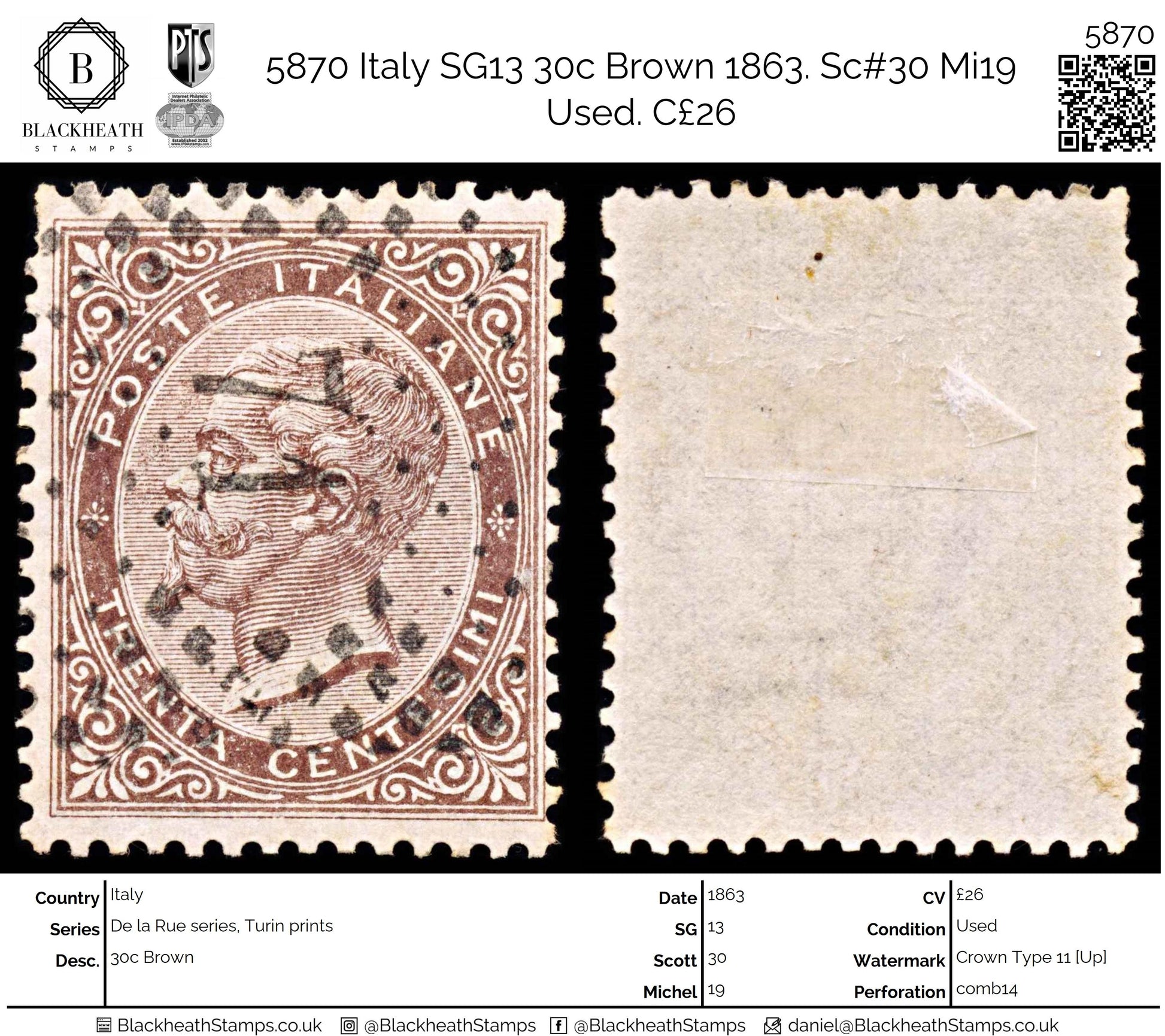 5870 Italy SG13 30c Brown 1863. Sc#30 Mi19 Used. C£26