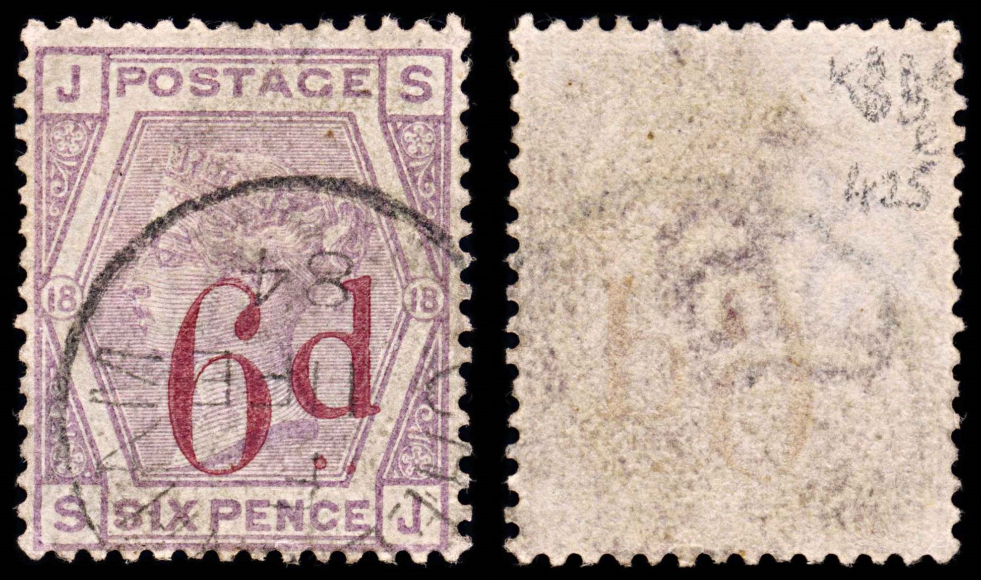 5882 GB SG162a 6d Lilac. Slanting dots "SJ". K38e 1883. Mi71Va Used. C£450