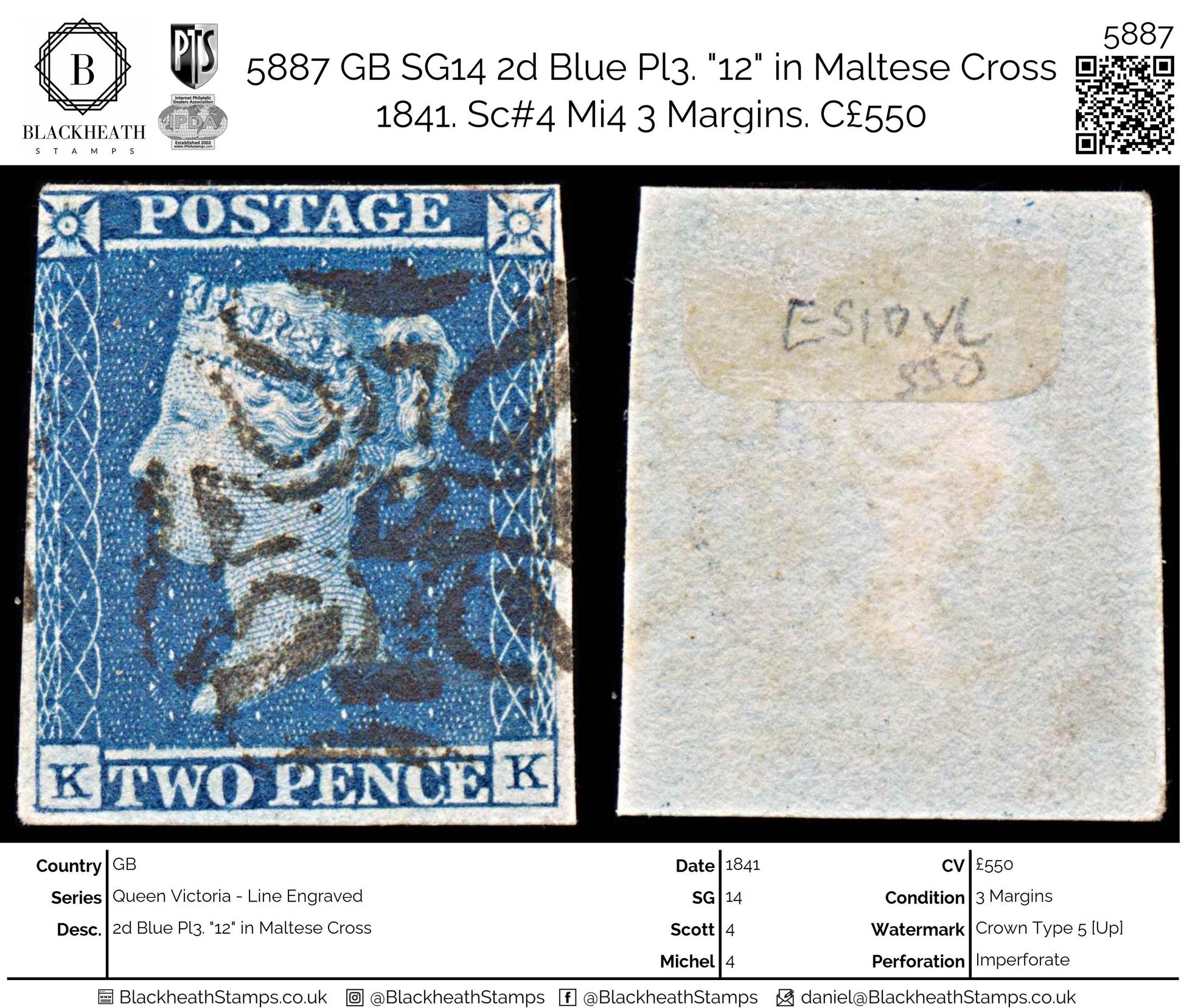 5887 GB SG14 2d Blue Pl3. "12" in Maltese Cross 1841. Sc#4 Mi4 3 Margins. C£550