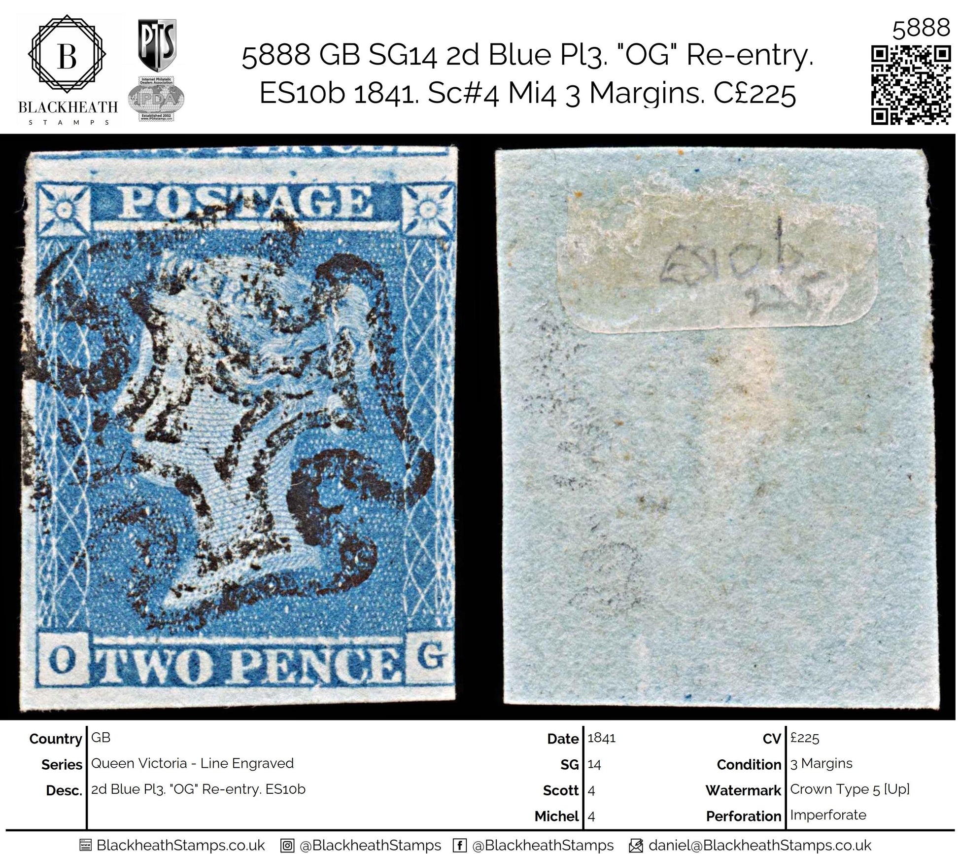 5888 GB SG14 2d Blue Pl3. "OG" Re-entry. ES10b 1841. Sc#4 Mi4 3 Margins. C£225