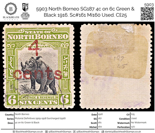 5903 North Borneo SG187 4c on 6c Green & Black 1916. Sc#161 Mi160 Used. C£25