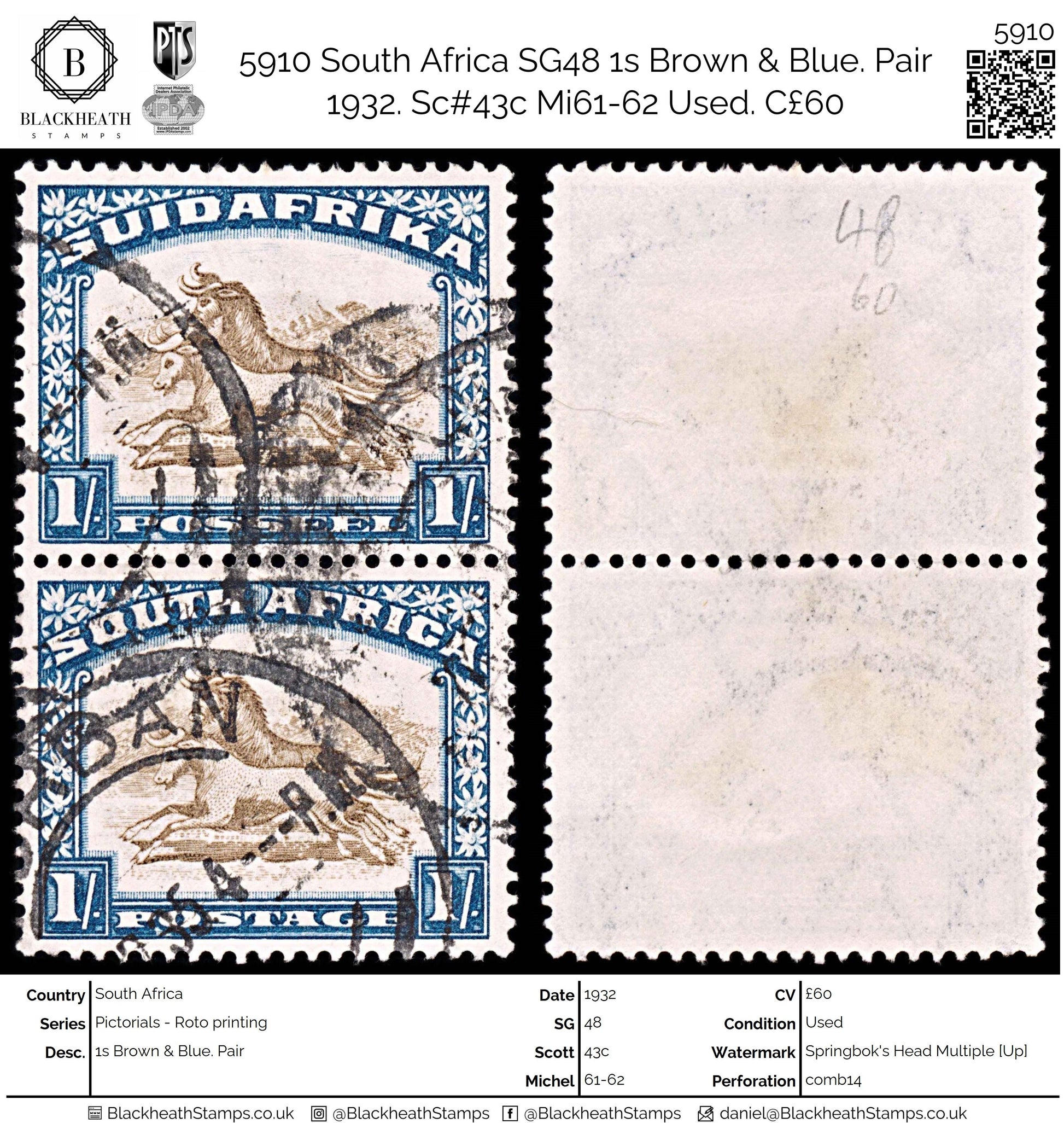 5910 South Africa SG48 1s Brown & Blue. Pair 1932. Sc#43c Mi61-62 Used. C£60