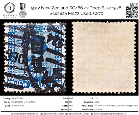 5912 New Zealand SG466 2s Deep Blue 1926. Sc#182a Mi172 Used. C£70