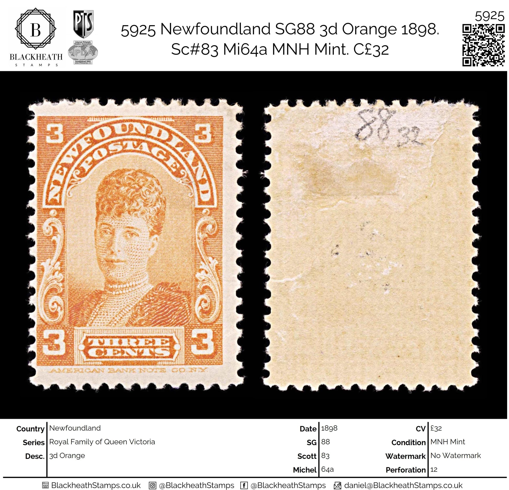 5925 Newfoundland SG88 3d Orange 1898. Sc#83 Mi64a MNH Mint. C£32