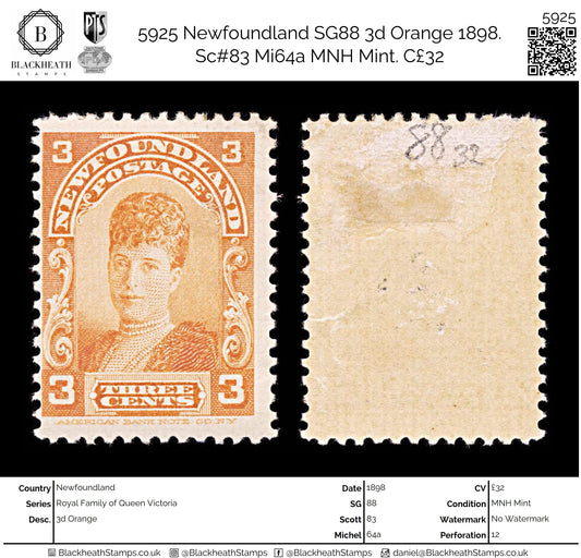 5925 Newfoundland SG88 3d Orange 1898. Sc#83 Mi64a MNH Mint. C£32