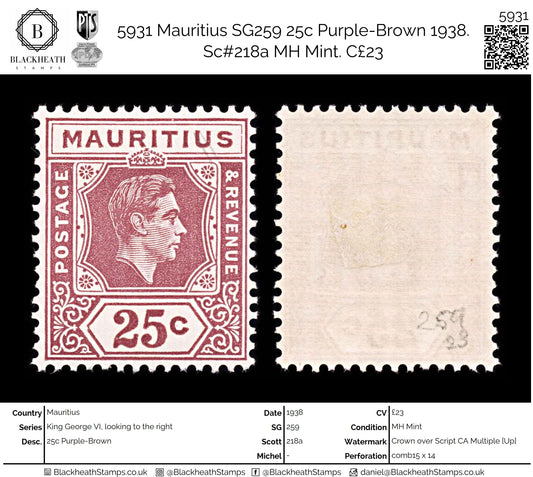 5931 Mauritius SG259 25c Purple-Brown 1938. Sc#218a MH Mint. C£23