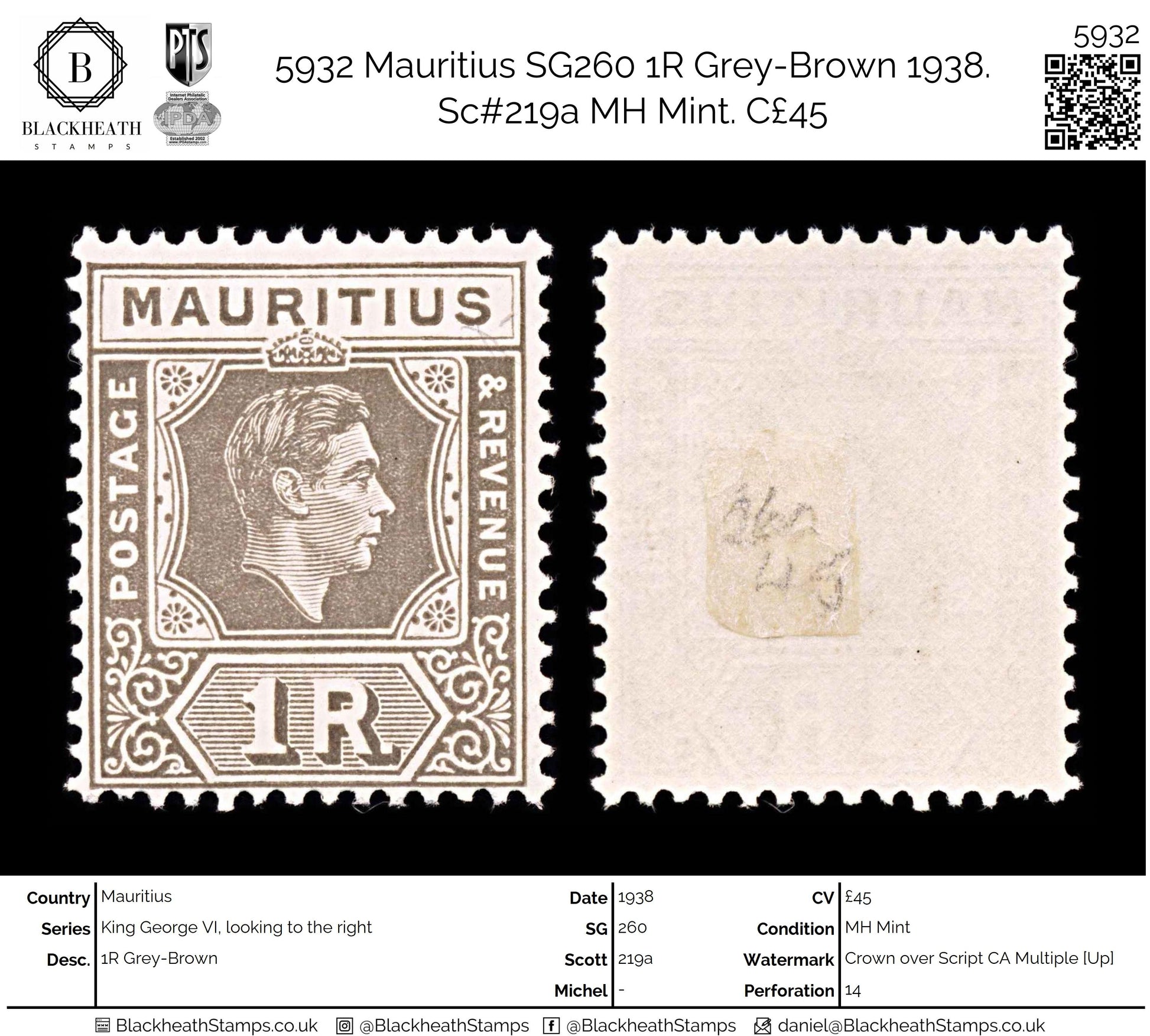 5932 Mauritius SG260 1R Grey-Brown 1938. Sc#219a MH Mint. C£45