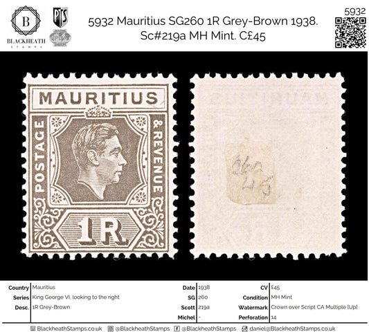 5932 Mauritius SG260 1R Grey-Brown 1938. Sc#219a MH Mint. C£45