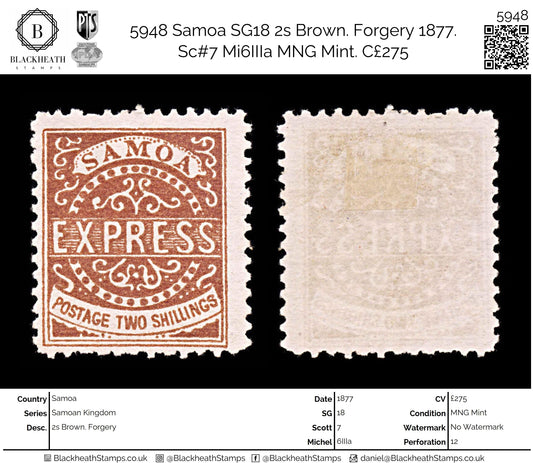 5948 Samoa SG18 2s Brown. Forgery 1877. Sc#7 Mi6IIIa MNG Mint. C£275