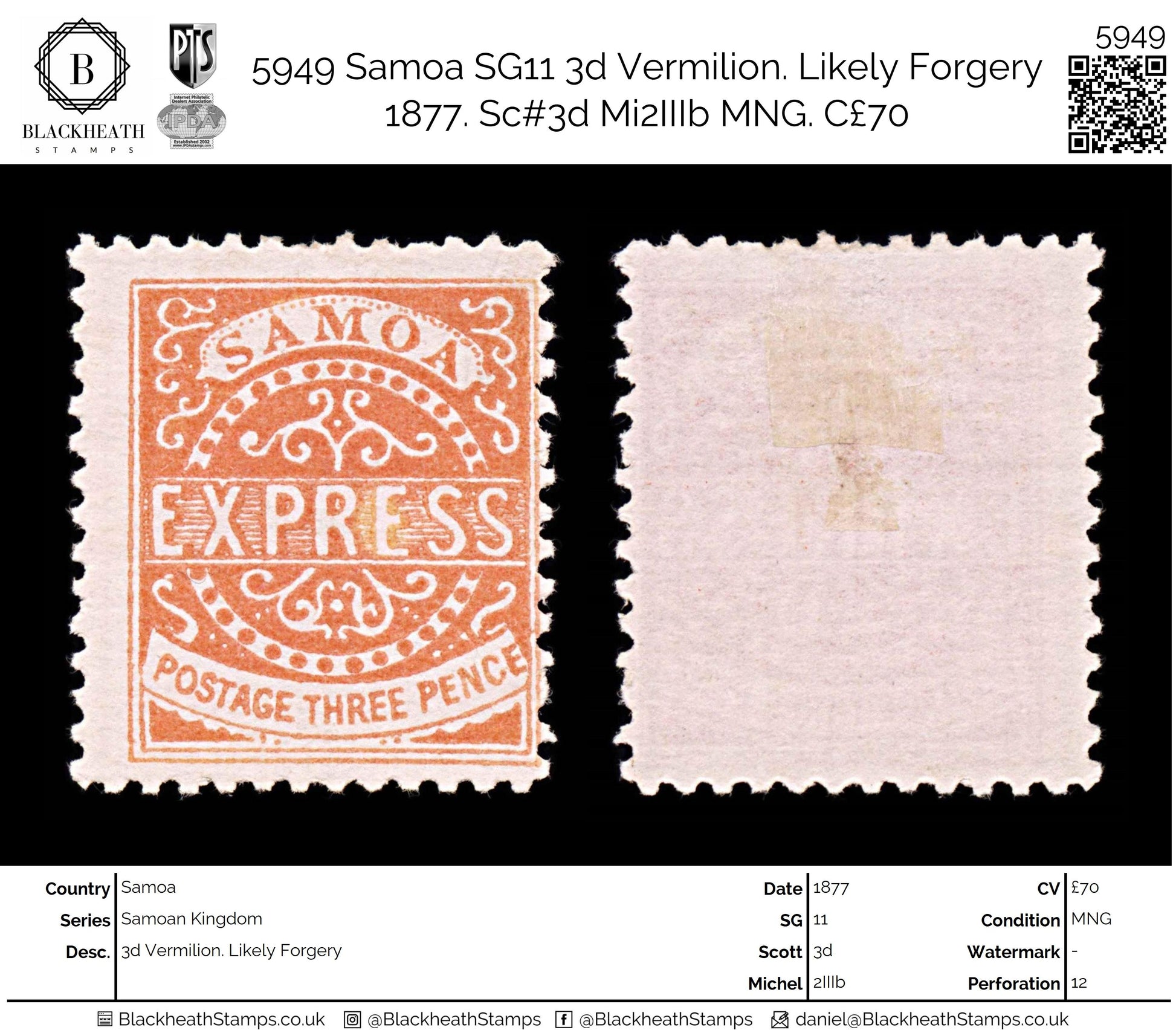 5949 Samoa SG11 3d Vermilion. Likely Forgery 1877. Sc#3d Mi2IIIb MNG. C£70