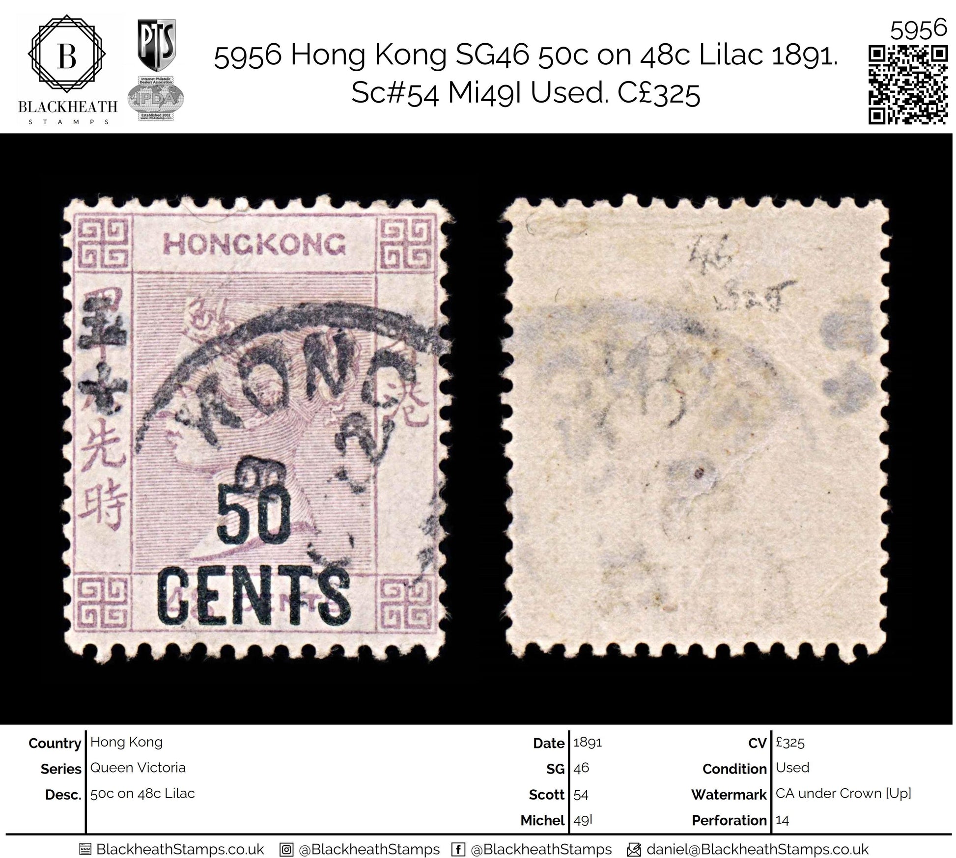 5956 Hong Kong SG46 50c on 48c Lilac 1891. Sc#54 Mi49I Used. C£325