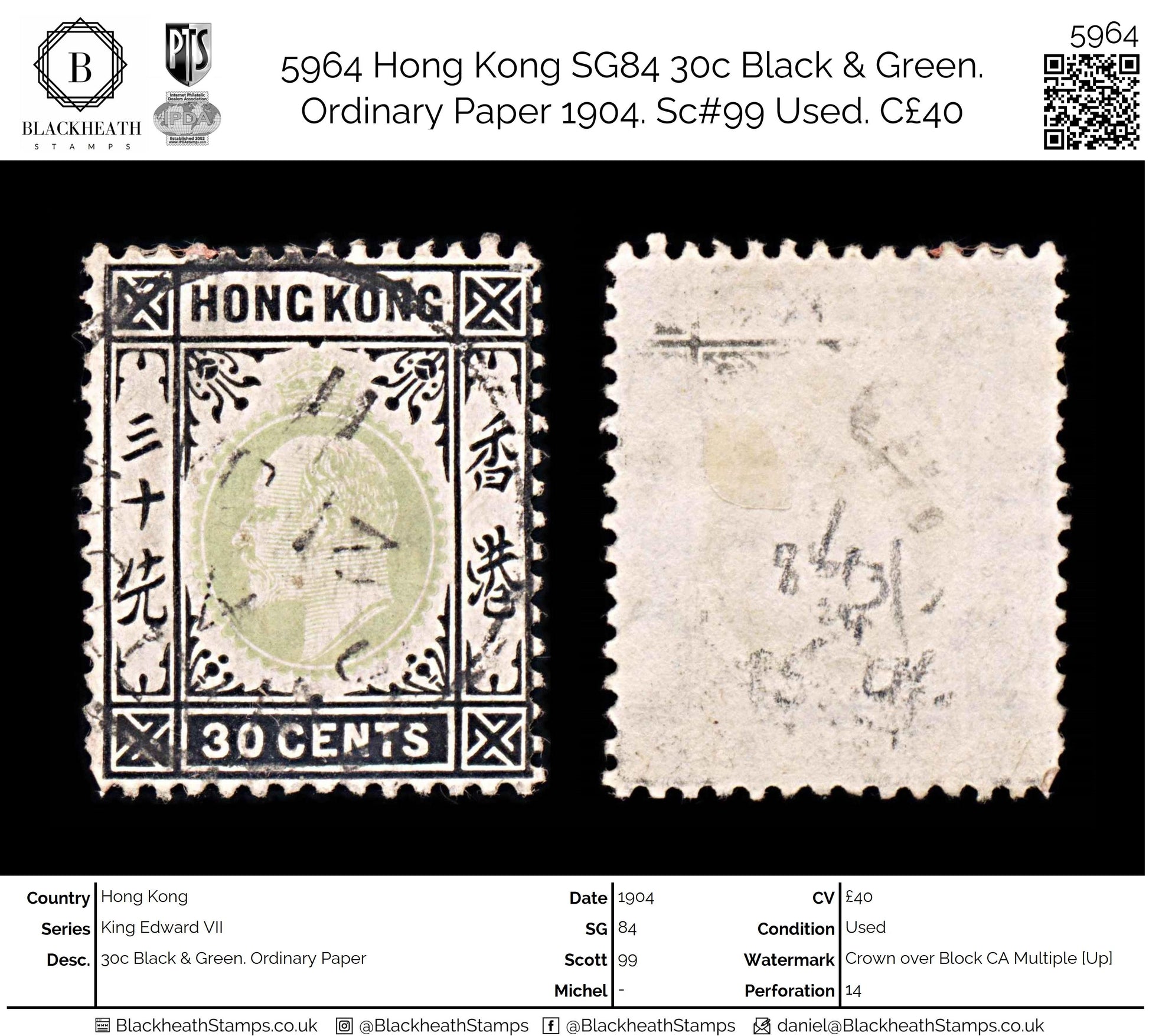 5964 Hong Kong SG84 30c Black & Green. Ordinary Paper 1904. Sc#99 Used. C£40