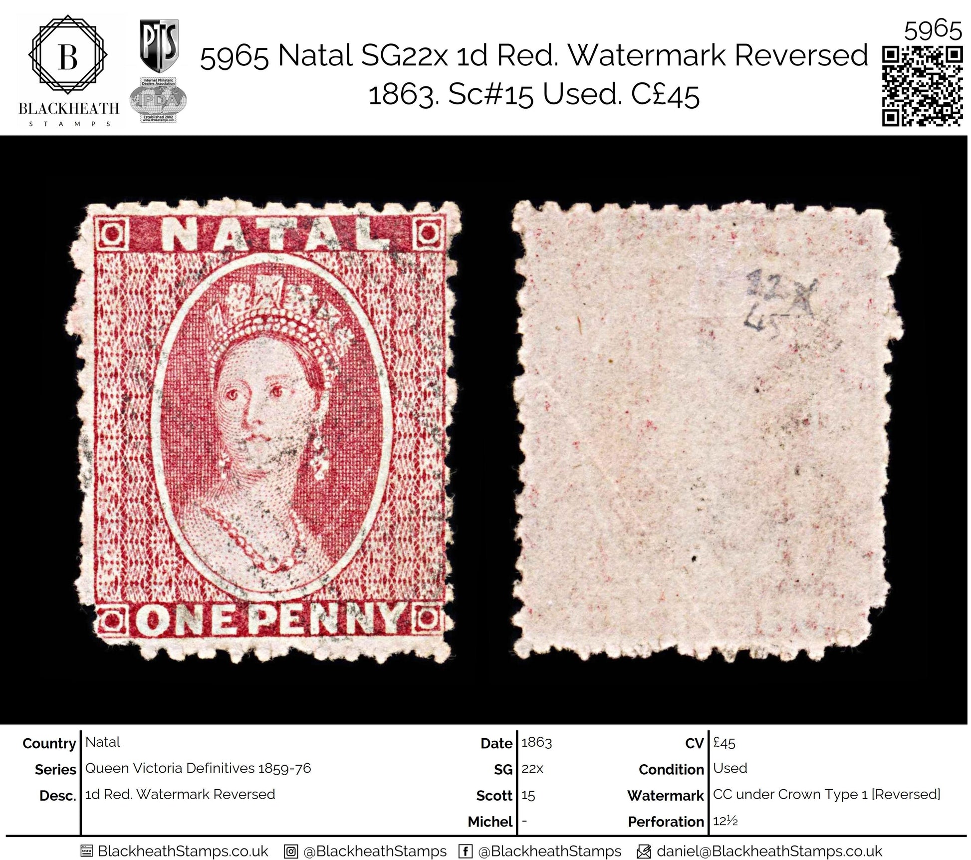 5965 Natal SG22x 1d Red. Watermark Reversed 1863. Sc#15 Used. C£45