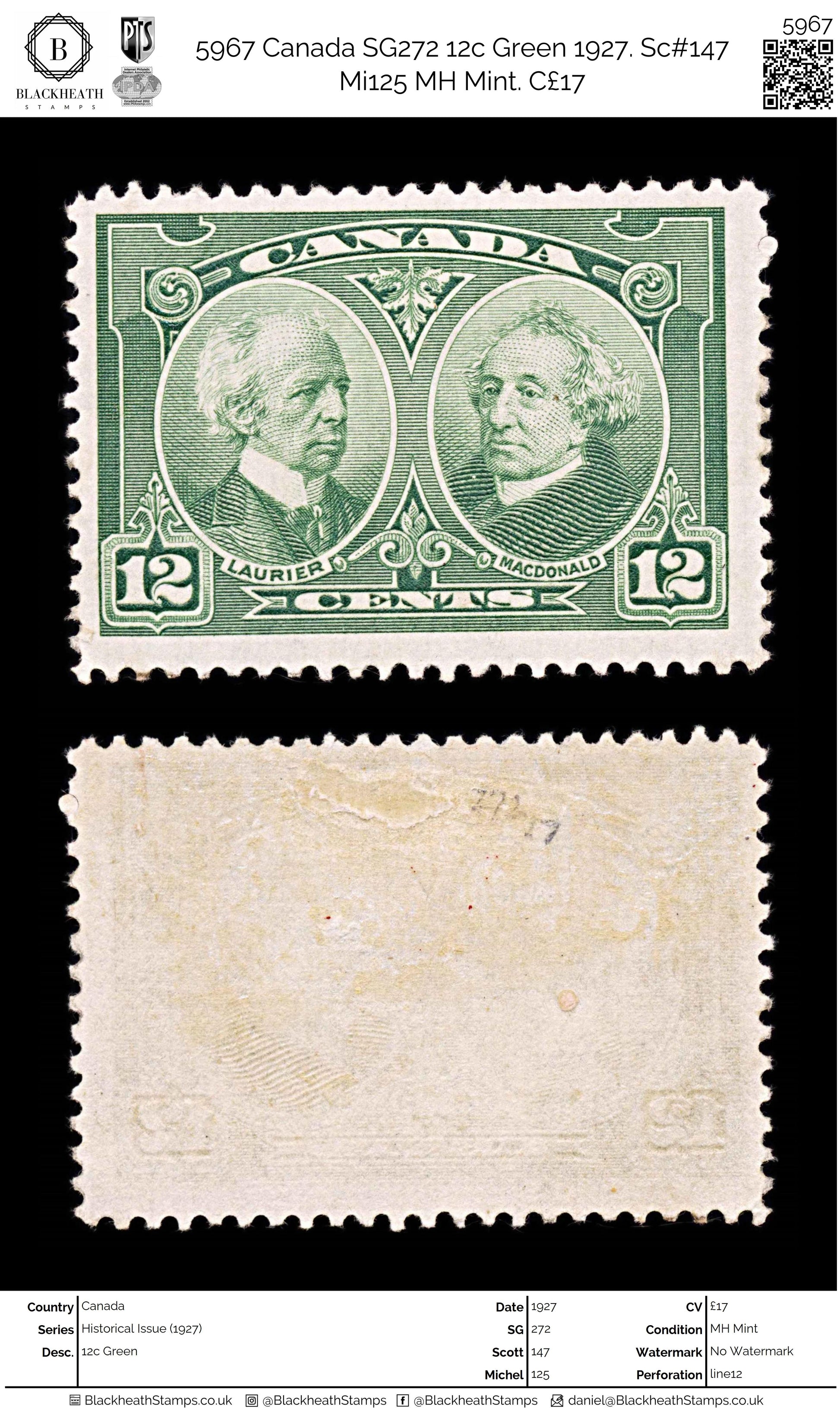 5967 Canada SG272 12c Green 1927. Sc#147 Mi125 MH Mint. C£17