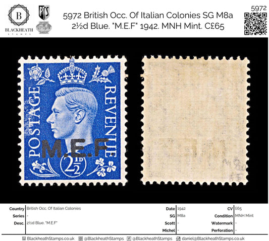 5972 British Occ. Of Italian Colonies SG M8a 2½d Blue. "M.E.F" 1942. MNH Mint. C£65