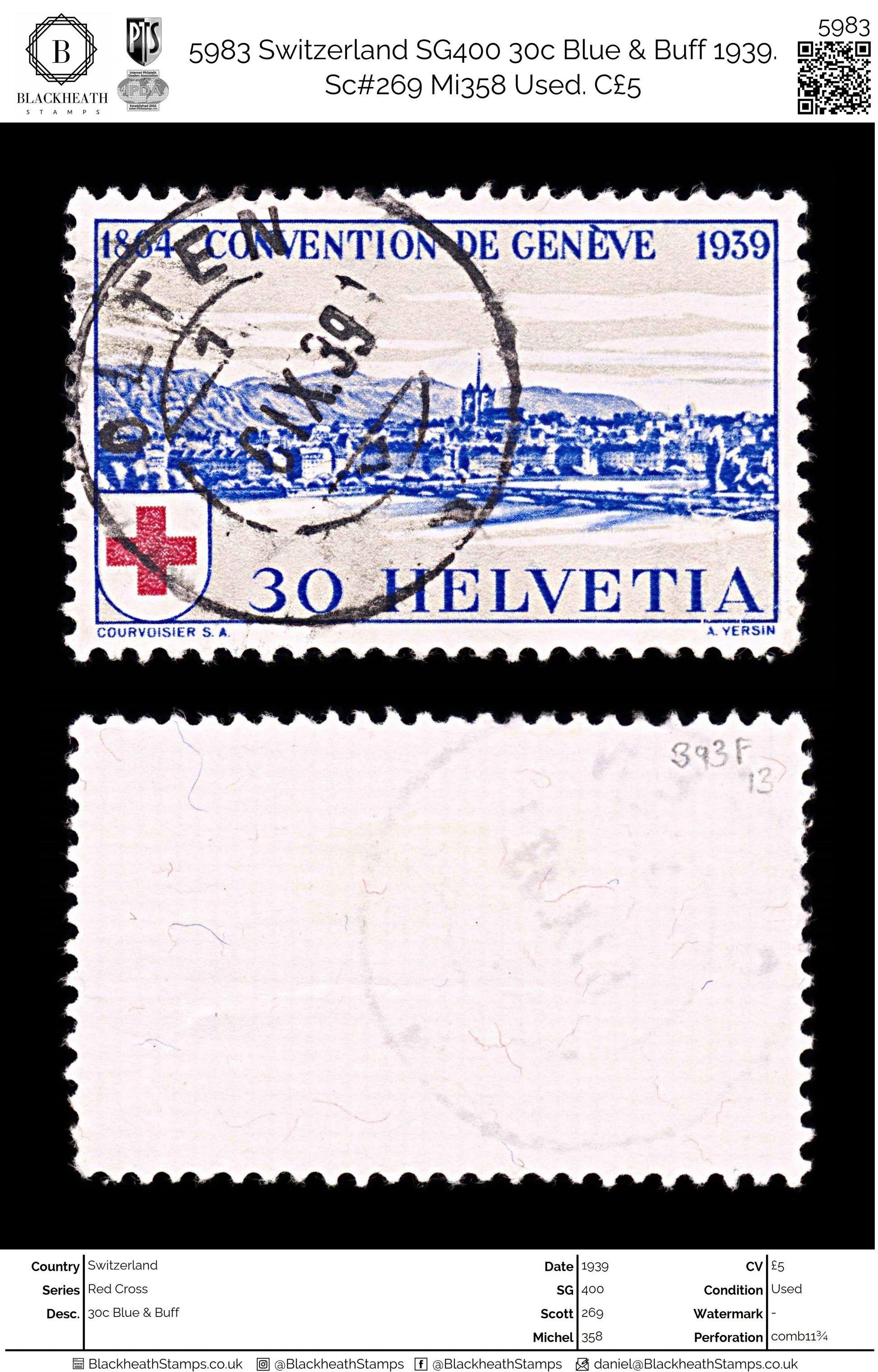 5983 Switzerland SG400 30c Blue & Buff 1939. Sc#269 Mi358 Used. C£5