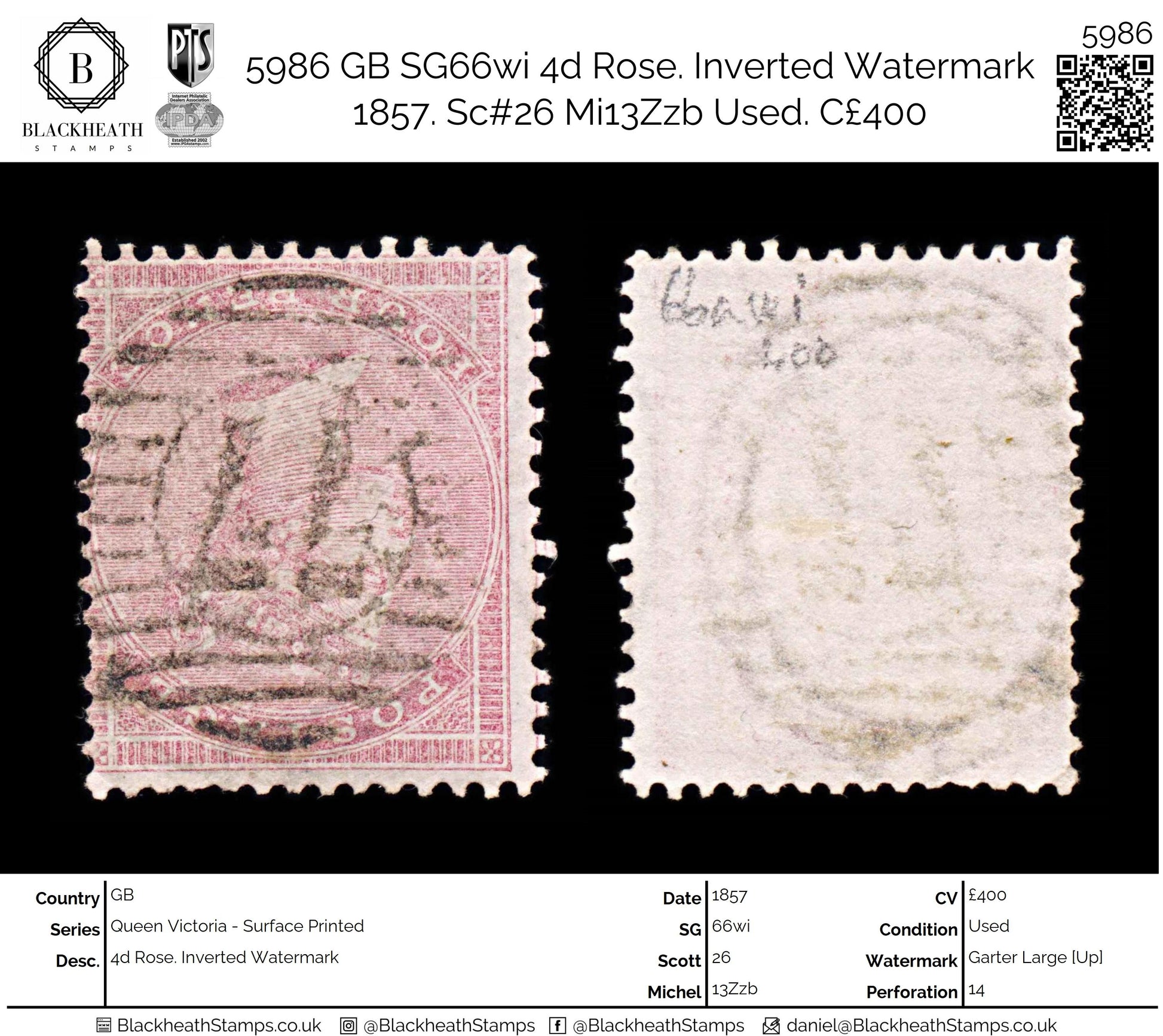 5986 GB SG66wi 4d Rose. Inverted Watermark 1857. Sc#26 Mi13Zzb Used. C£400