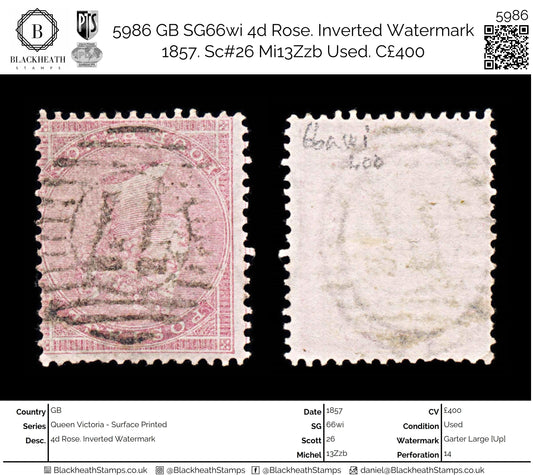 5986 GB SG66wi 4d Rose. Inverted Watermark 1857. Sc#26 Mi13Zzb Used. C£400