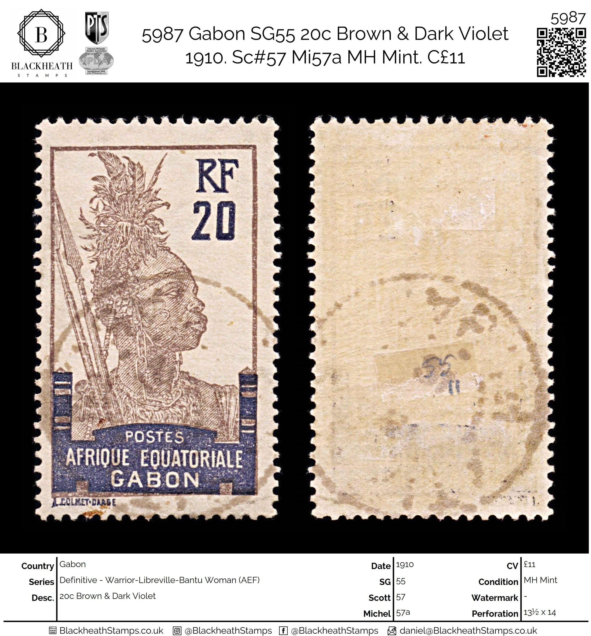 5987 Gabon SG55 20c Brown & Dark Violet 1910. Sc#57 Mi57a MH Mint. C£11