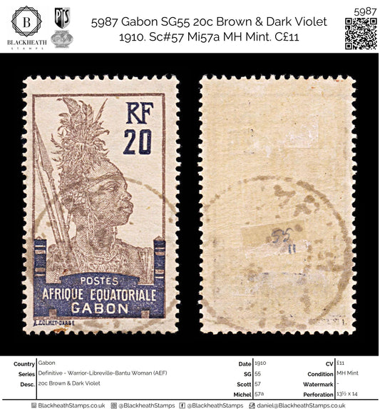 5987 Gabon SG55 20c Brown & Dark Violet 1910. Sc#57 Mi57a MH Mint. C£11