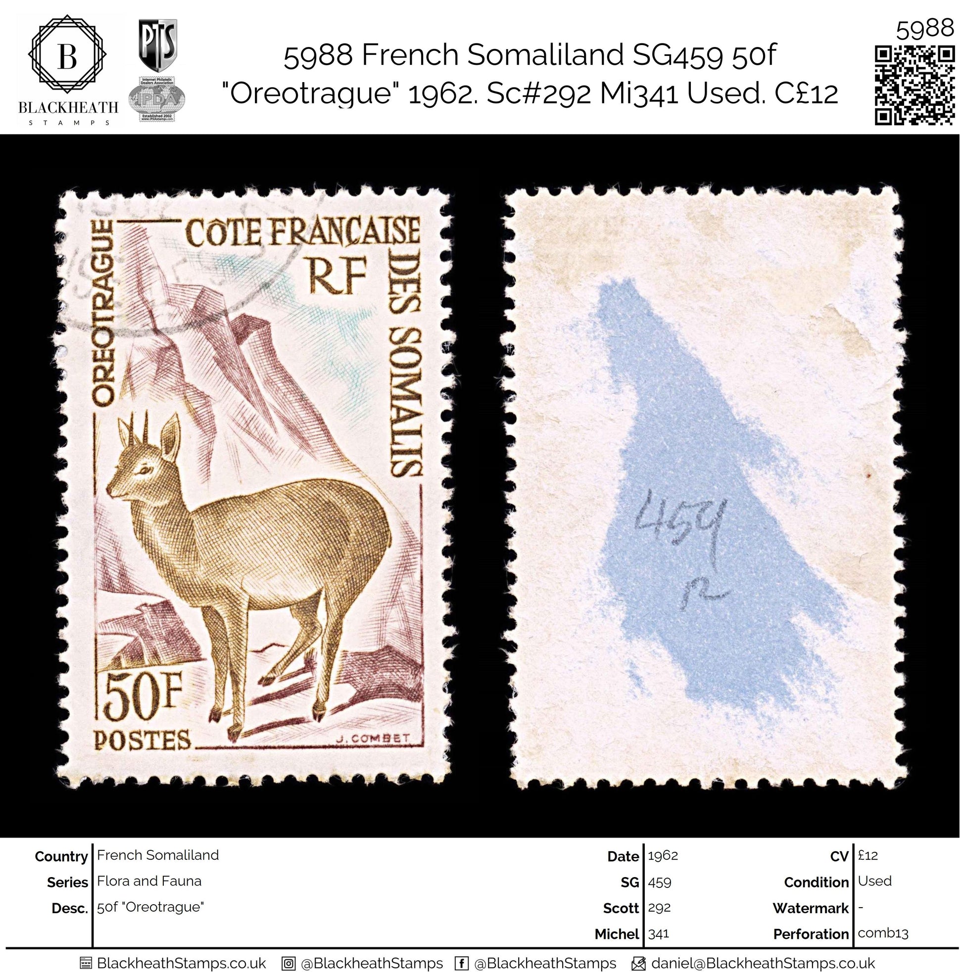 5988 French Somaliland SG459 50f "Oreotrague" 1962. Sc#292 Mi341 Used. C£12