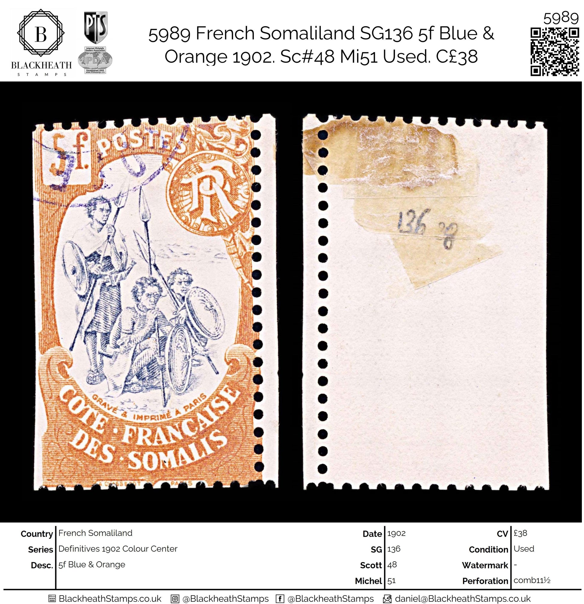 5989 French Somaliland SG136 5f Blue & Orange 1902. Sc#48 Mi51 Used. C£38