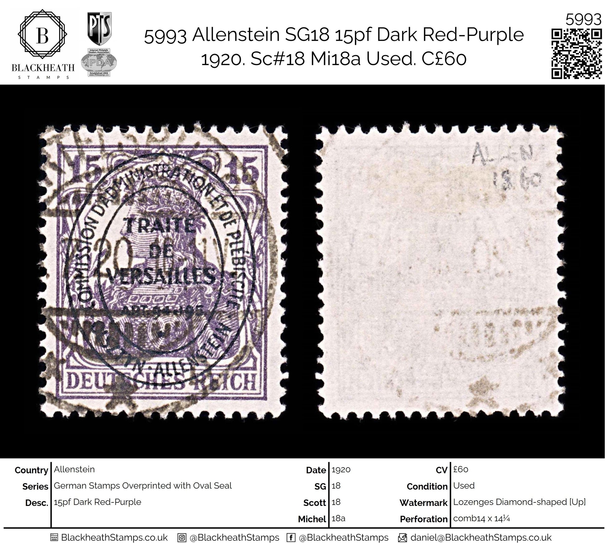 5993 Allenstein SG18 15pf Dark Red-Purple 1920. Sc#18 Mi18a Used. C£60