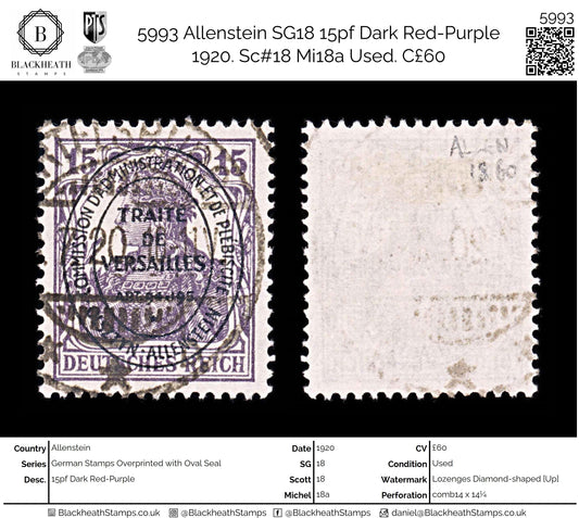 5993 Allenstein SG18 15pf Dark Red-Purple 1920. Sc#18 Mi18a Used. C£60