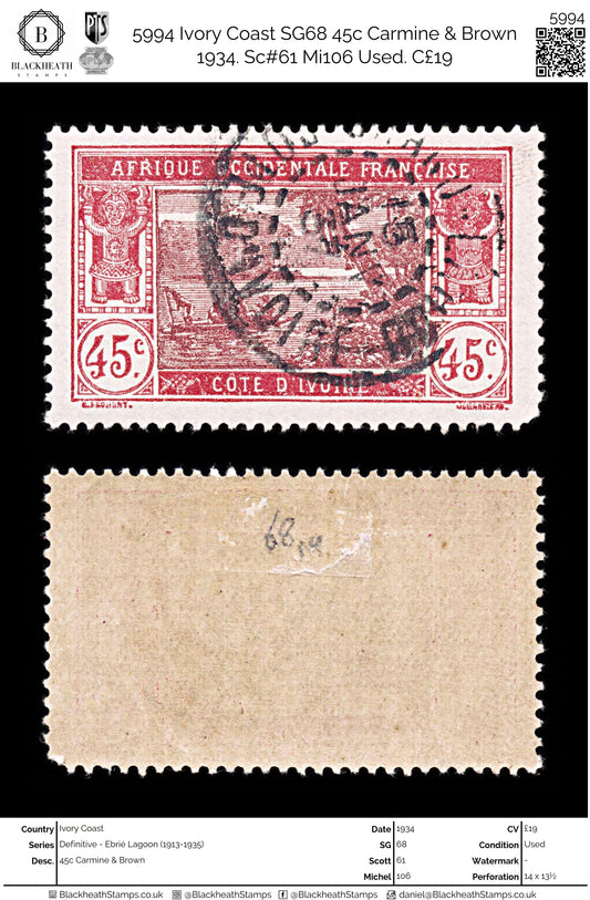 5994 Ivory Coast SG68 45c Carmine & Brown 1934. Sc#61 Mi106 Used. C£19