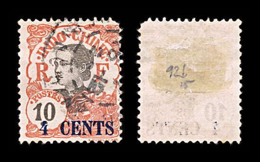 5995 French Indochina SG92b 4c on 10c Black & Red 1919. Sc#69 Mi76I Used. C£15