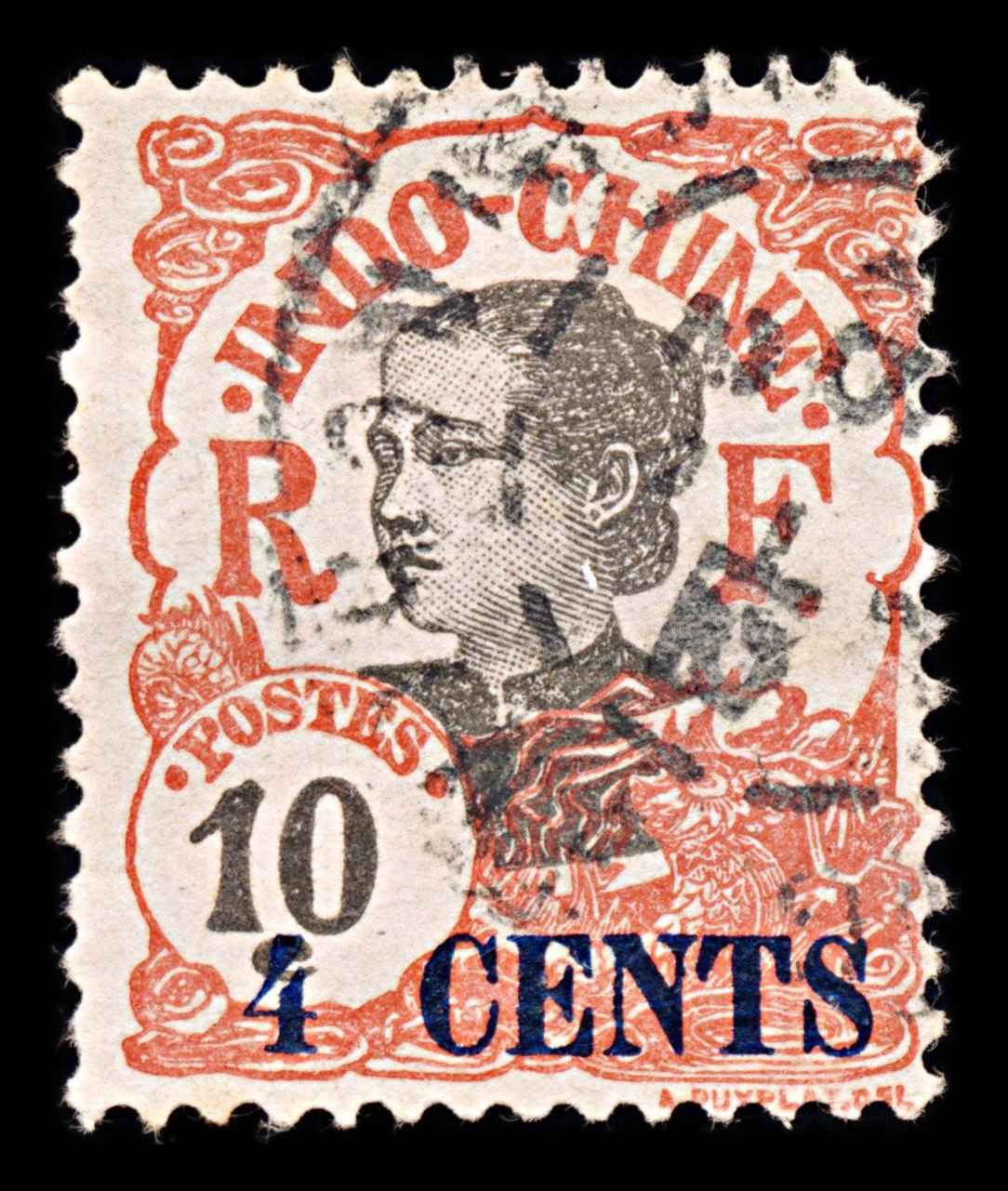 5995 French Indochina SG92b 4c on 10c Black & Red 1919. Sc#69 Mi76I Used. C£15