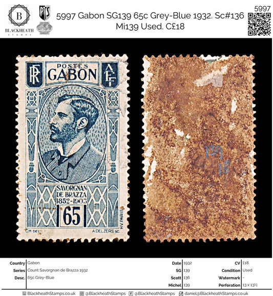 5997 Gabon SG139 65c Grey-Blue 1932. Sc#136 Mi139 Used. C£18