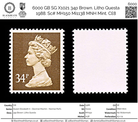 6000 GB SG X1021 34p Brown. Litho Questa 1988. Sc# MH150 Mi1138 MNH Mint. C£8