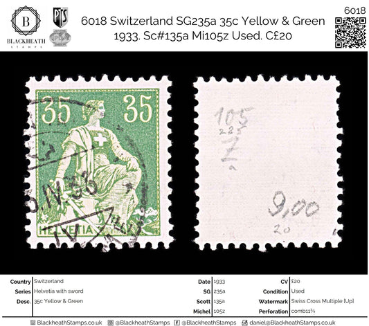 6018 Switzerland SG235a 35c Yellow & Green 1933. Sc#135a Mi105z Used. C£20