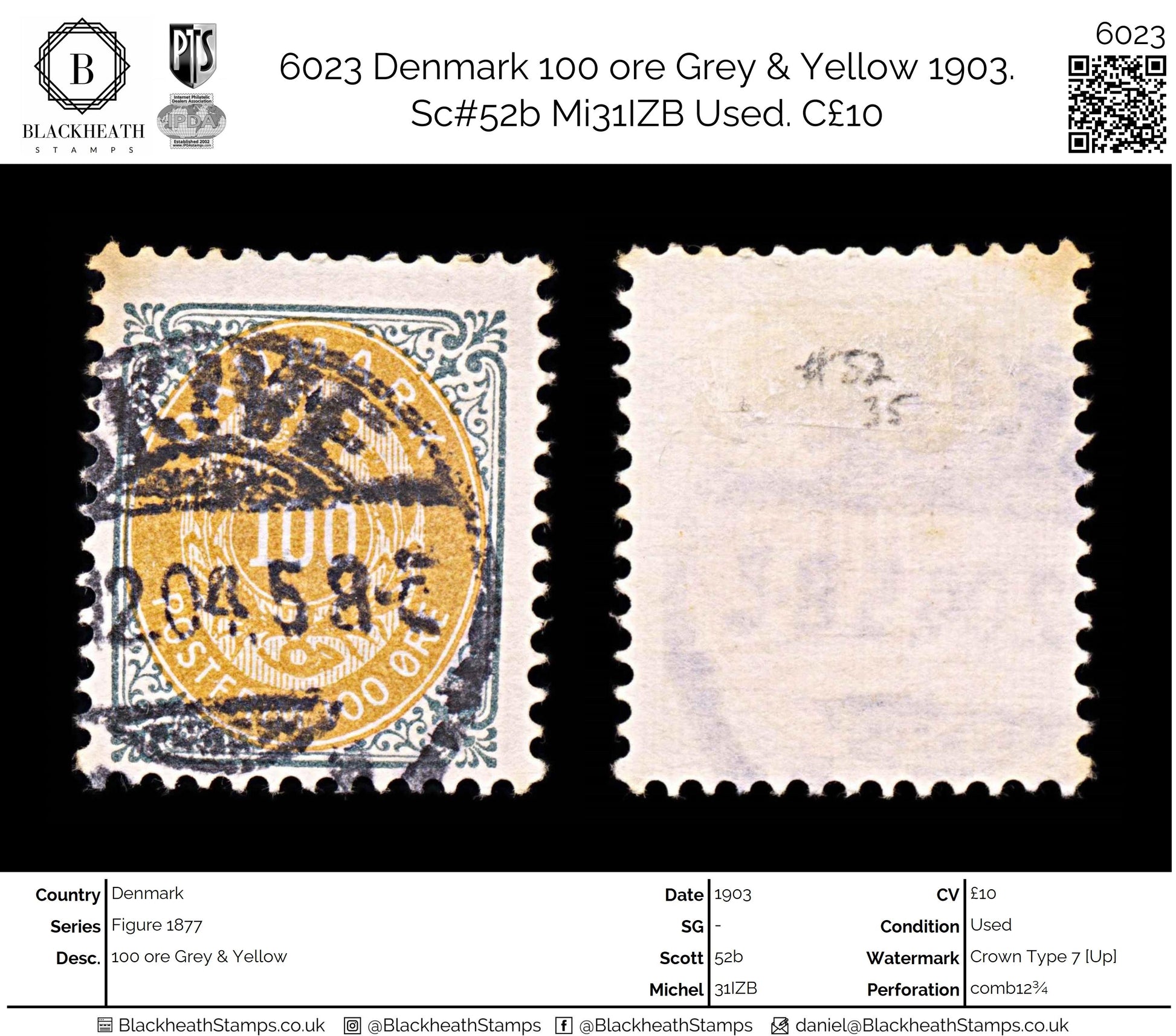 6023 Denmark 100 ore Grey & Yellow 1903. Sc#52b Mi31IZB Used. C£10